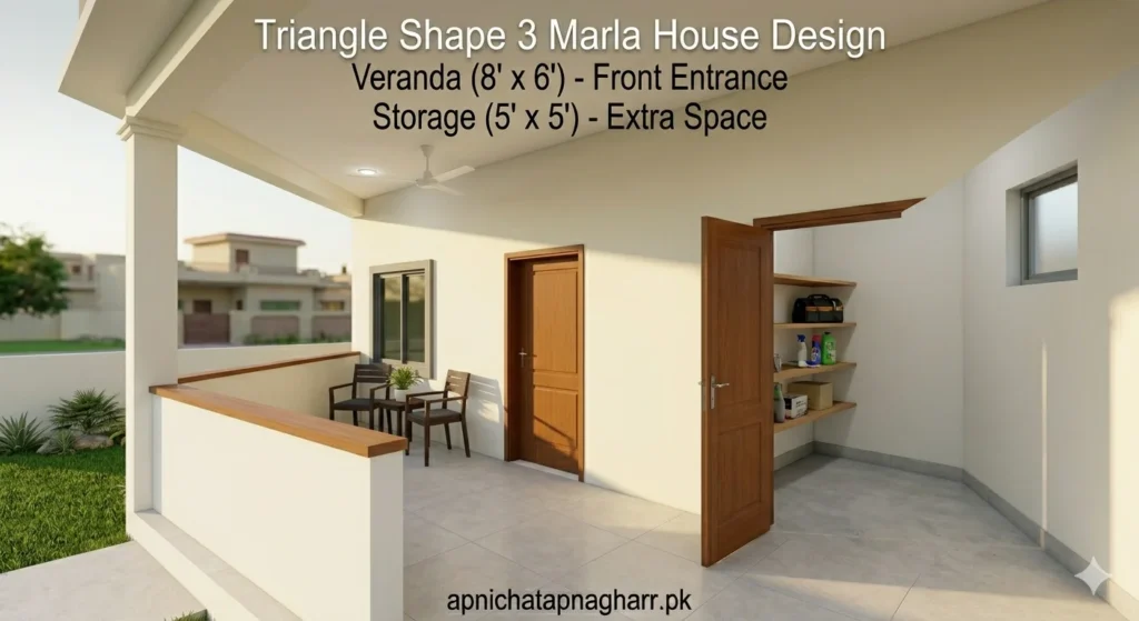 Veranda 8 feet by 6 feet at front entrance with wooden main door two pillars and two chairs for sitting and storage room 5 feet by 5 feet in back corner with simple door and small window for triangle shape 3 marla house apnichatapnagharr.pk