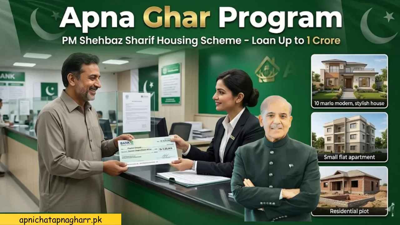 Apna Ghar Program PM Shehbaz Sharif housing scheme bank officer giving 50 lac loan cheque to happy man with house plot and apartment shown