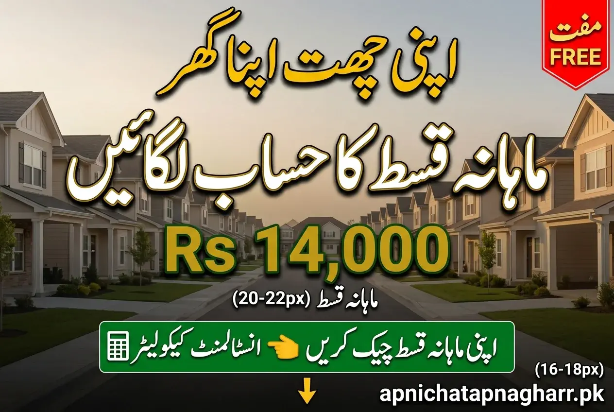 Apni Chhat Apna Ghar monthly installment calculator feature image with Urdu text scheme name mahana qist ka hisab lagayein Rs 14000 mahana qist free calculator check your installment apnichatapnagharr.pk