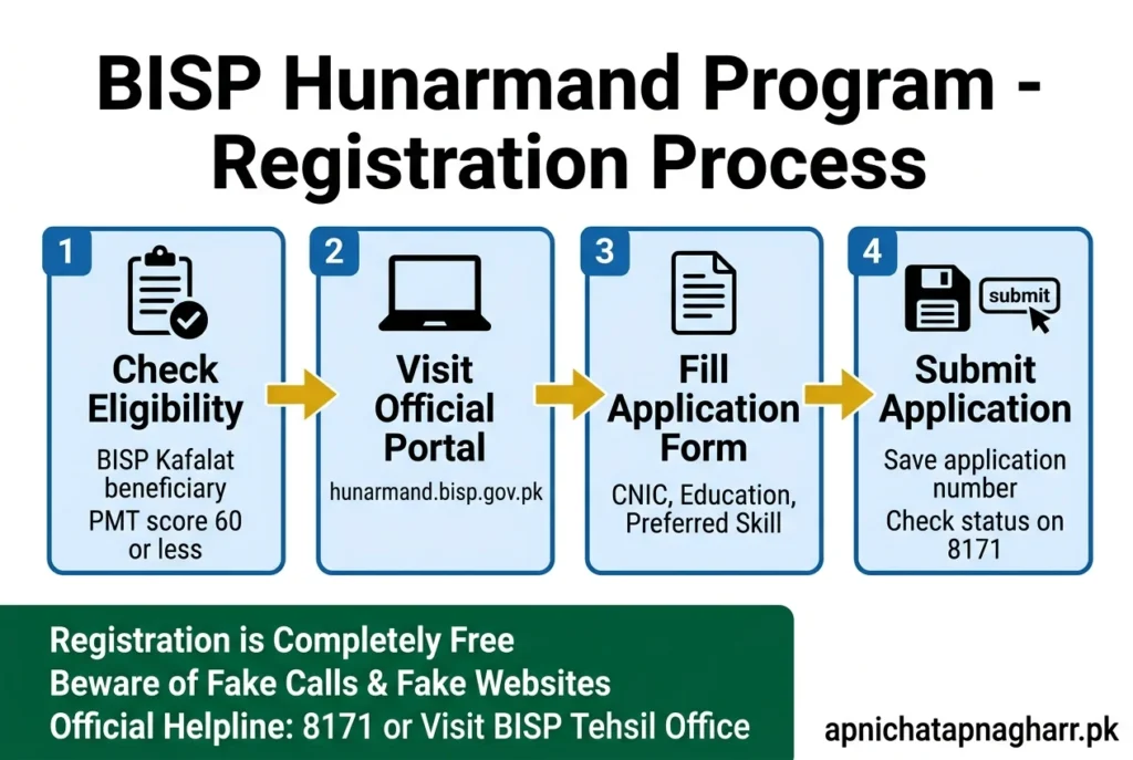 BISP Hunarmand Program registration steps infographic showing 4 steps check eligibility BISP Kafalat beneficiary visit hunarmand bisp gov pk fill application form with CNIC education preferred skill submit and save application number with icons and bottom note registration is completely free beware of fake calls helpline 8171 apnichatapnagharr.pk